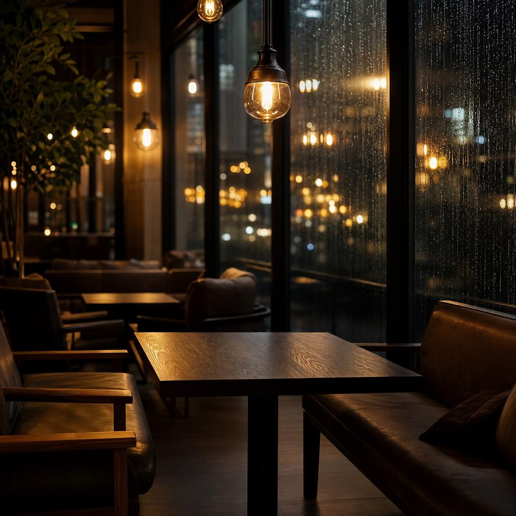 Warm coffeehouse seating beside rain-covered windows at night