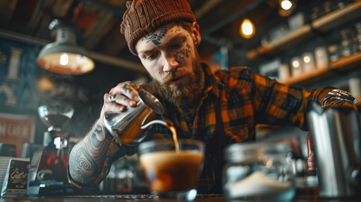 Tattooed barista pouring coffee into a glass