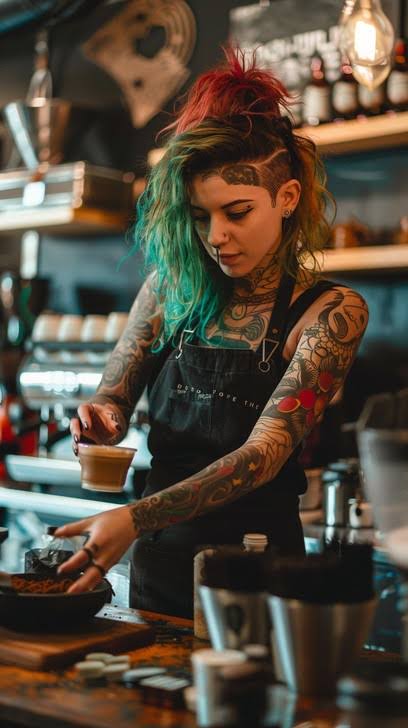 Tattooed barista preparing a drink behind the counter