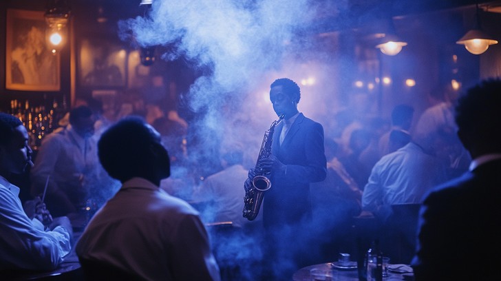 Saxophone player performing through blue haze for a coffeehouse crowd