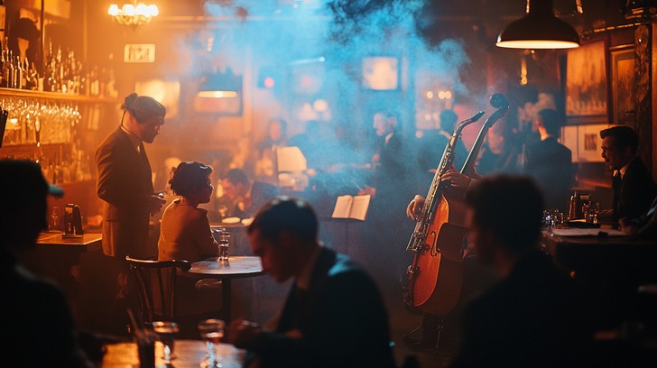 Intimate coffeehouse bar with a live double bass performance