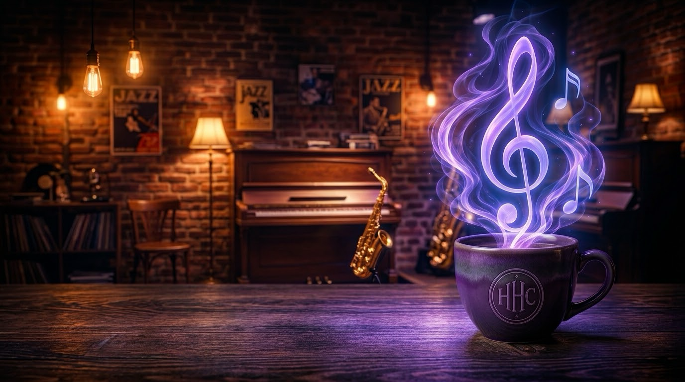 Purple HHC coffee mug glowing on a jazz café counter beside a piano and saxophone