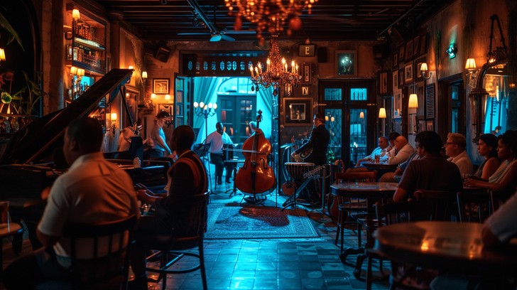 Crowded jazz room with piano, double bass, and café tables