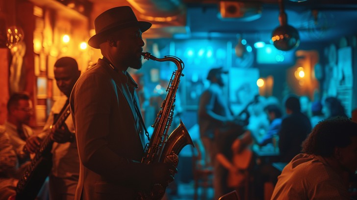 Saxophone player performing in a lively blue and amber café