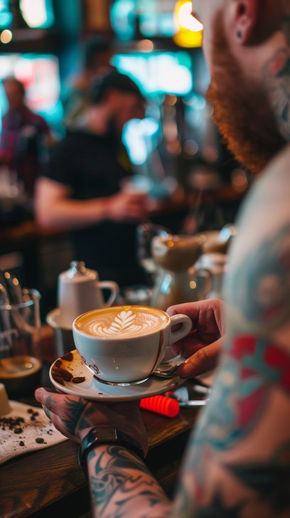 Tattooed café guest holding a finished latte