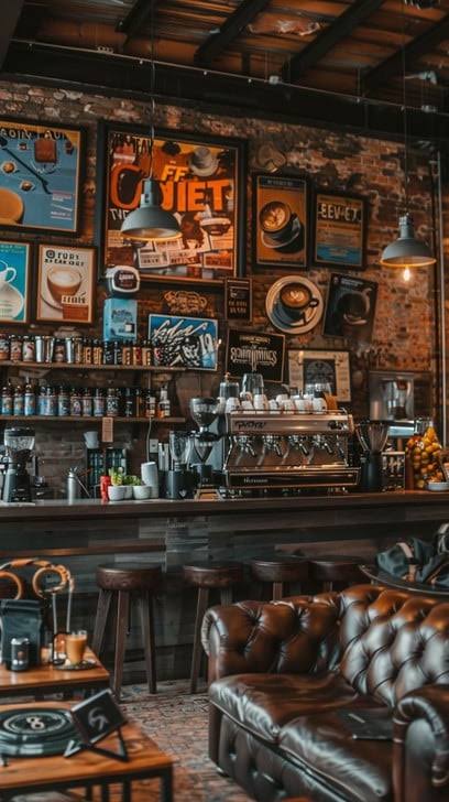 Moody coffee bar with brick walls and leather seating